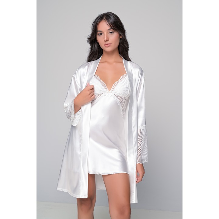 Νυφικό Σατέν Νυχτικό με Δαντέλα Σετ με String - Ιβουάρ