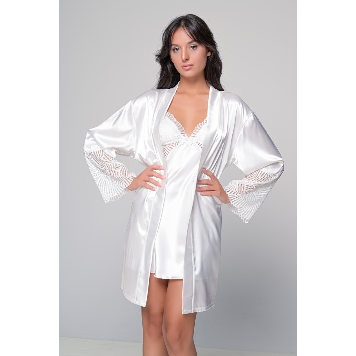 Νυφικό Σατέν Νυχτικό με Δαντέλα Σετ με String - Ιβουάρ