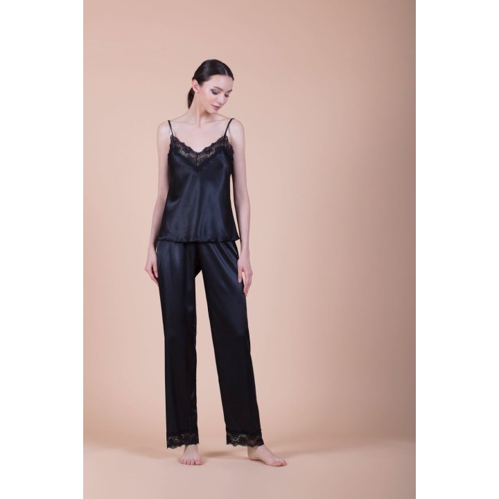 Πυζάμα Σατέν Δαντέλα V Ντεκολτέ -Μαύρο