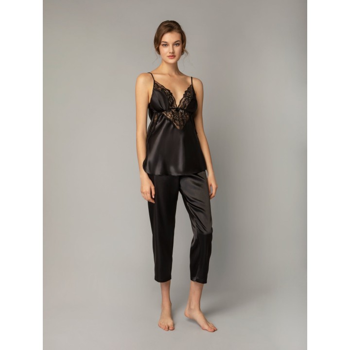 Πυζάμα Σατέν Δαντέλα V Ντεκολτέ -Μαύρο