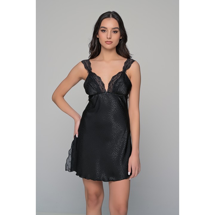 Νυχτικό με Σατέν και Δαντέλα Σετ με Ασορτί String - Μαύρο