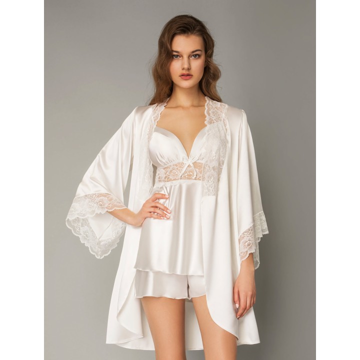 Νυφικό Σετ Σατέν Babydoll και Ρόμπα - Λευκό