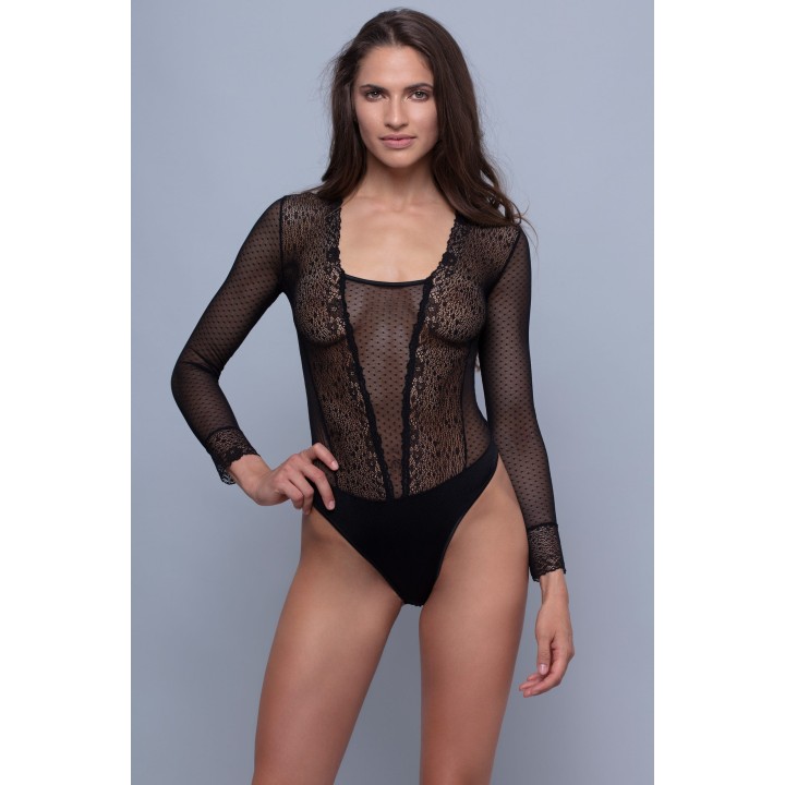 String Κορμάκι Μακρυμάνικο Δαντέλα - Μαύρο