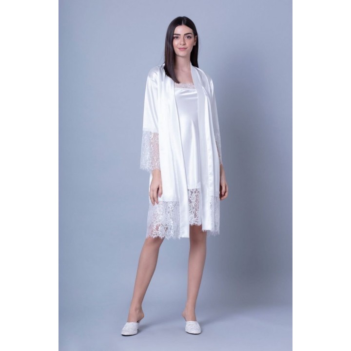 Σατέν Ρόμπα με Δαντέλα - Σομόν-ιβουάρ