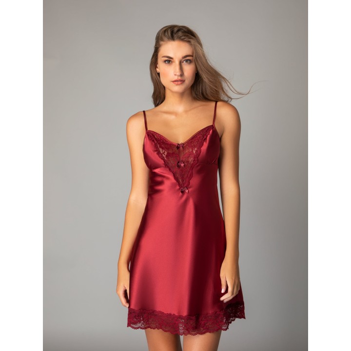Σατέν Νυχτικό με Δαντέλα Δώρο το String - Μπορντό