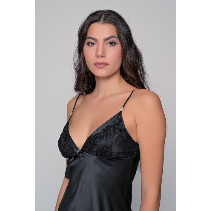 Σατέν Νυχτικό με Δαντέλα Σετ με String - Μαύρο
