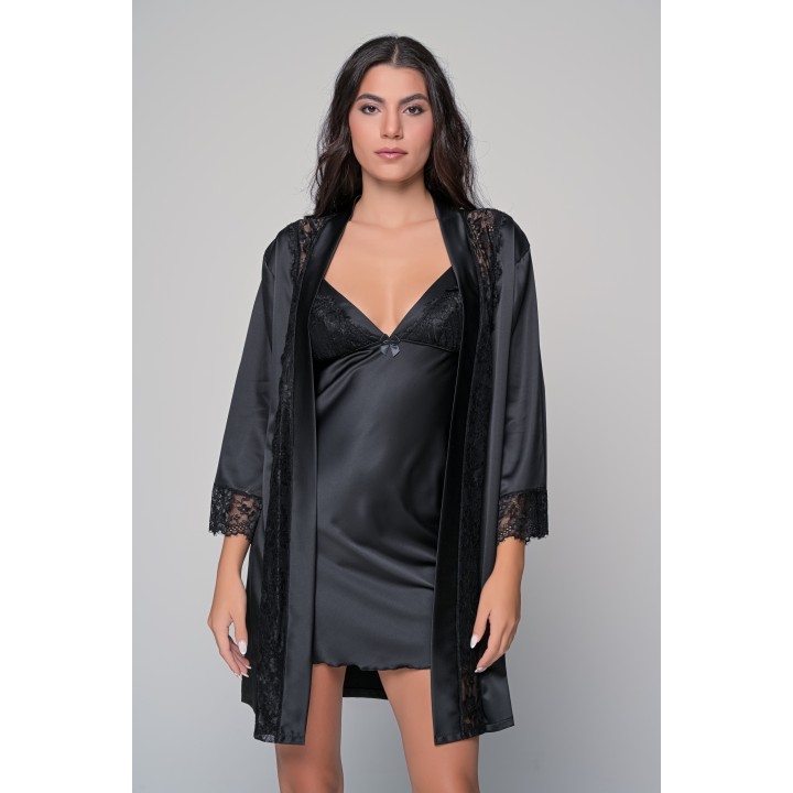 Σατέν Νυχτικό με Δαντέλα Σετ με String - Μαύρο