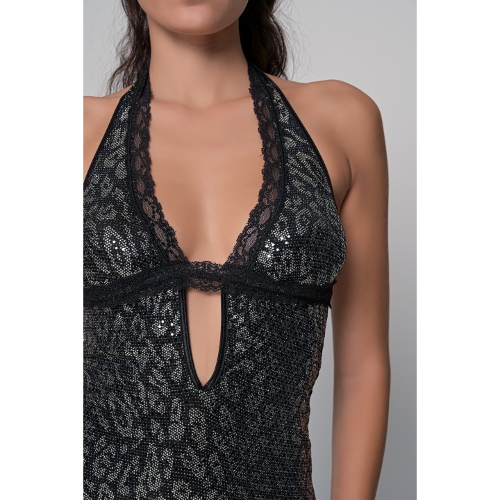 Μίνι Κολλητό Φόρεμα Ύφασμα Λαμέ και Δώρο String - Φίδι