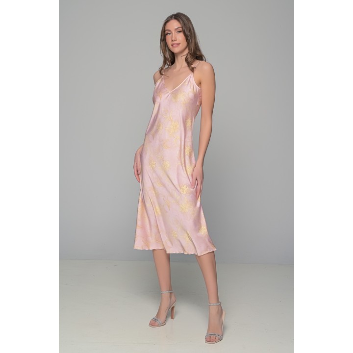 Μάξι Σατέν Φόρεμα Σετ με String - Ροζ