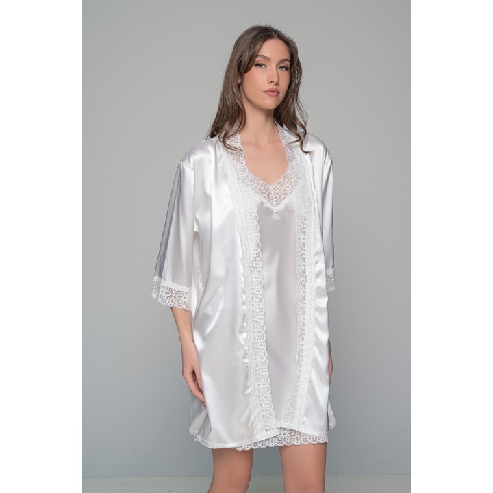 Νυφικό Σατέν Σετ Νυχτικάκι με String και Ρόμπα - Ιβουάρ