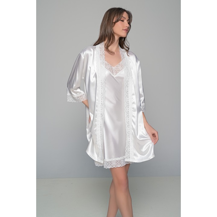 Νυφικό Σατέν Σετ Νυχτικάκι με String και Ρόμπα - Ιβουάρ