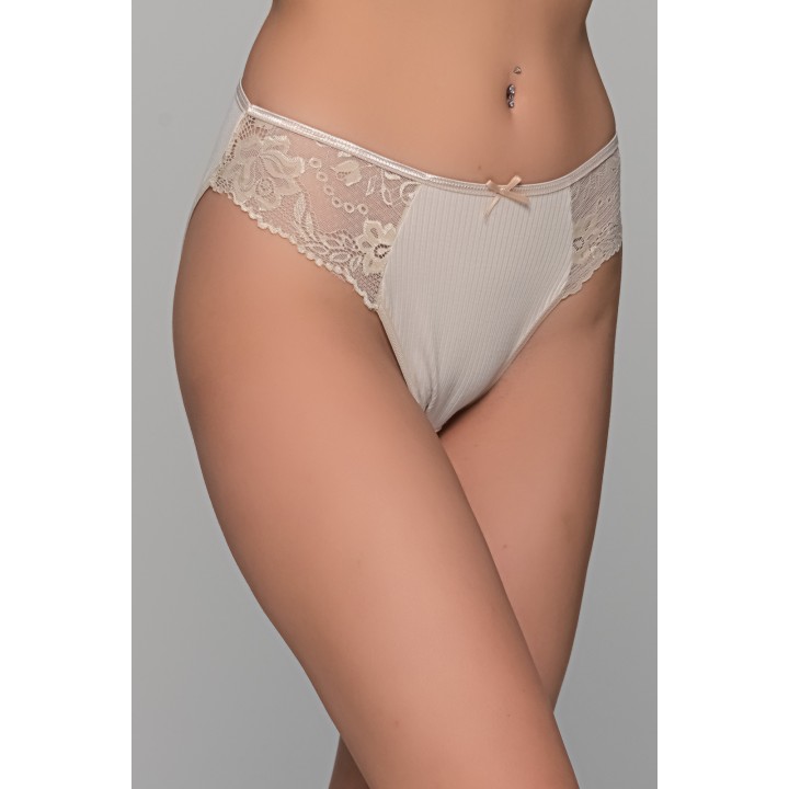 High Leg Σλιπ Ύφασμα Ριπ με Δαντέλα - Μπεζ