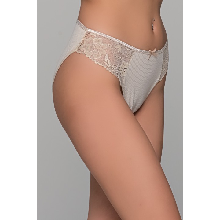 High Leg Σλιπ Ύφασμα Ριπ με Δαντέλα - Μπεζ