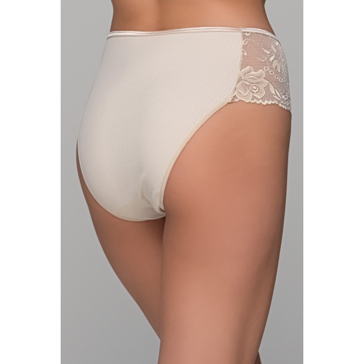 Ψηλόμεσο Σλιπ Μπικίνι Ύφασμα Ριπ και Δαντέλα - Μπεζ