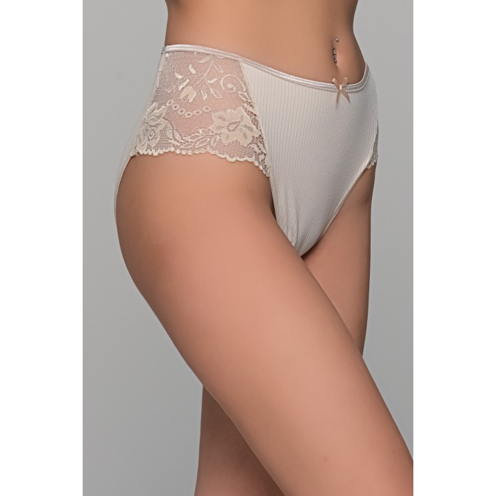 Ψηλόμεσο Σλιπ Μπικίνι Ύφασμα Ριπ και Δαντέλα - Μπεζ