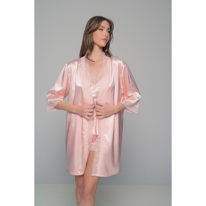 Σατέν Ρόμπα με Δαντέλα - Σομόν