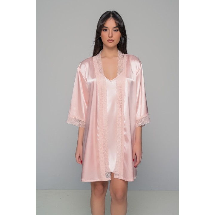 Σατέν Ρόμπα με Δαντέλα - Σομόν