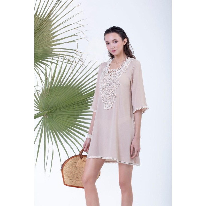 Καφτάνι Rayon με Διακοσμητικό Μοτίφ - Μπεζ