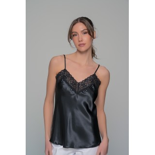 Σατέν Lingerie Top με Δαντέλα - Μαύρο