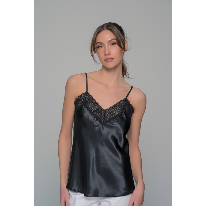Σατέν Lingerie Top με Δαντέλα - Μαύρο