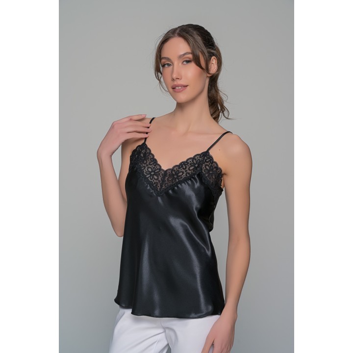 Σατέν Lingerie Top με Δαντέλα - Μαύρο