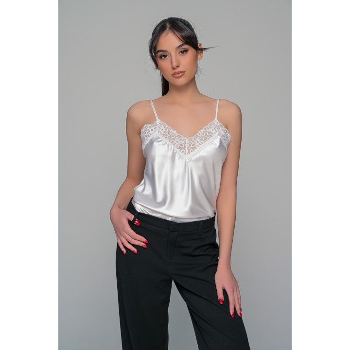 Σατέν Lingerie Top με Δαντέλα - Ιβουάρ