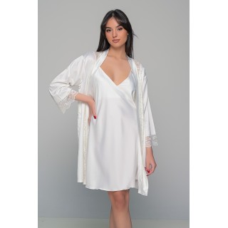 Νυφικό Σετ με Σατέν Ρόμπα, Νυχτικάκι και String - Ιβουάρ