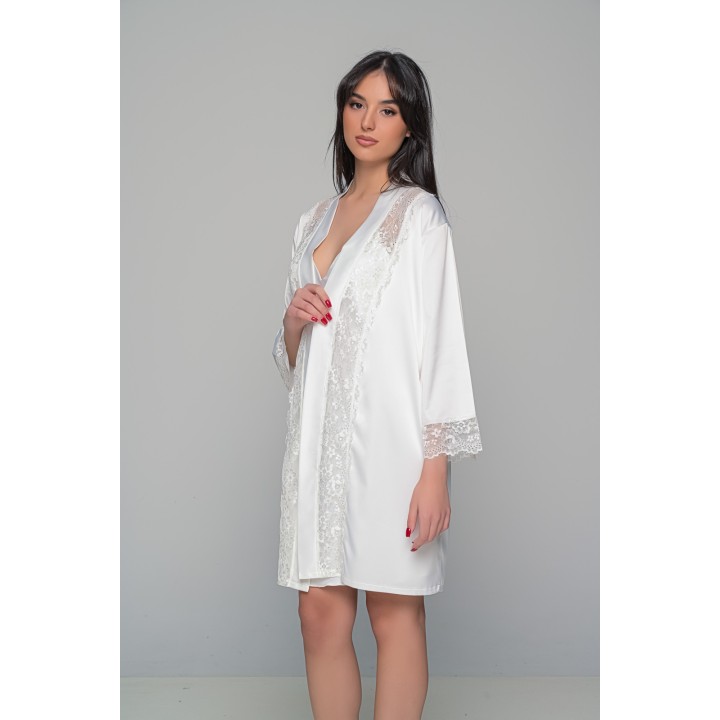 Νυφικό Σετ με Σατέν Ρόμπα, Νυχτικάκι και String - Ιβουάρ