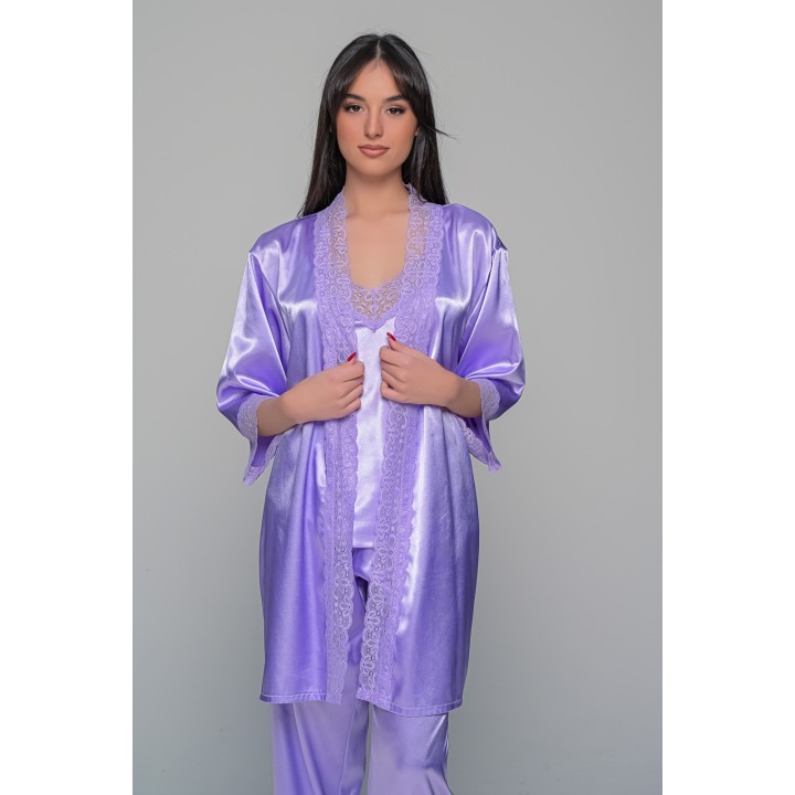 Σατέν Ρόμπα με Δαντέλα - Λιλά