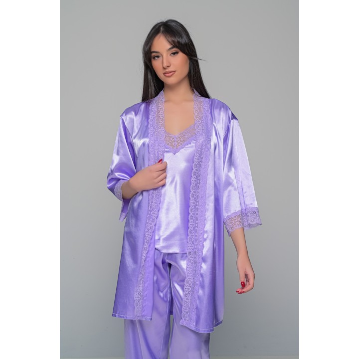 Σατέν Ρόμπα με Δαντέλα - Λιλά