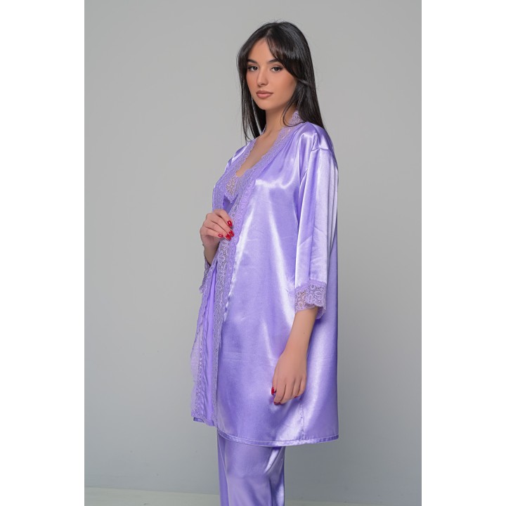 Σατέν Ρόμπα με Δαντέλα - Λιλά