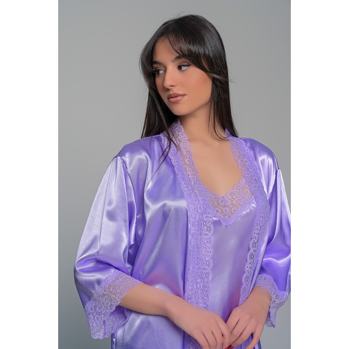 Σατέν Ρόμπα με Δαντέλα - Λιλά
