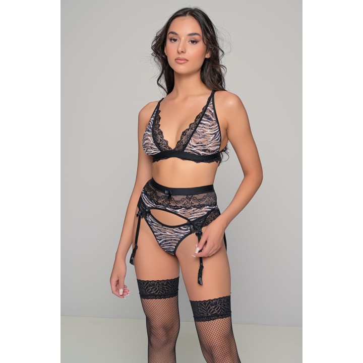 Σετ 3 Τεμάχια Bralette-Brazil-Ζαρτιέρα Δαντέλα Animal Print - Ζέμπρα