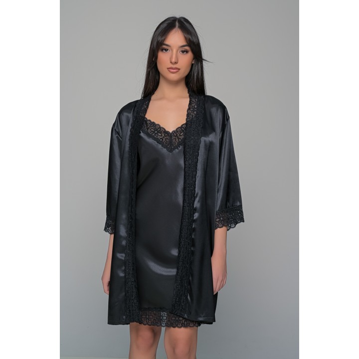 Σατέν Ρόμπα με Δαντέλα - Μαύρο