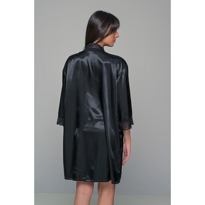 Σατέν Ρόμπα με Δαντέλα - Μαύρο