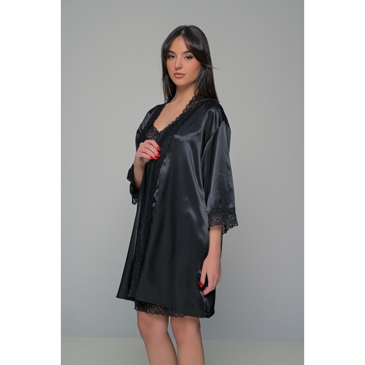 Σατέν Ρόμπα με Δαντέλα - Μαύρο