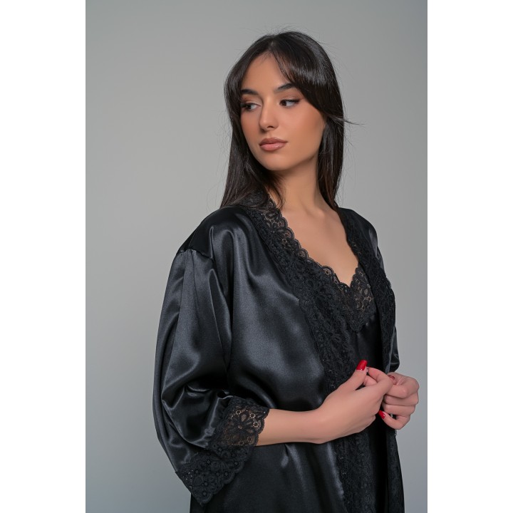 Σατέν Ρόμπα με Δαντέλα - Μαύρο