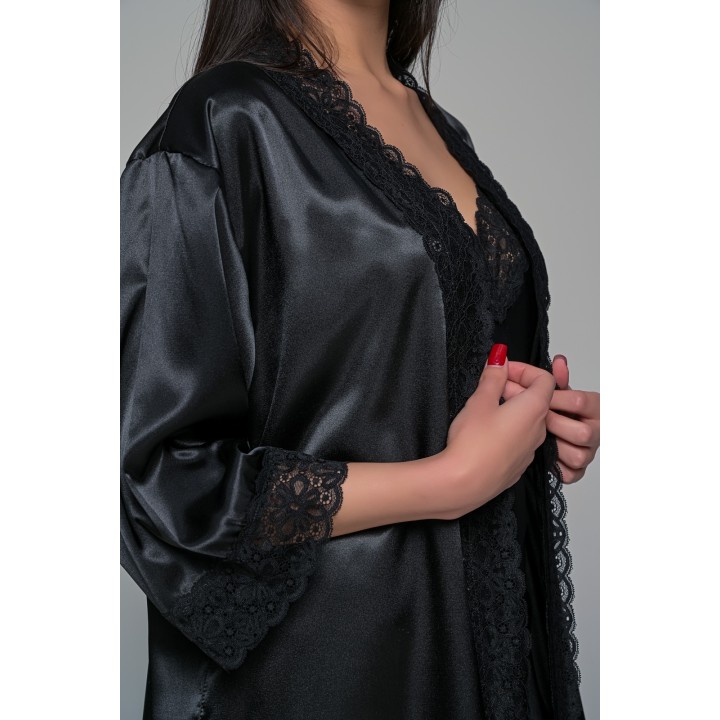 Σατέν Ρόμπα με Δαντέλα - Μαύρο