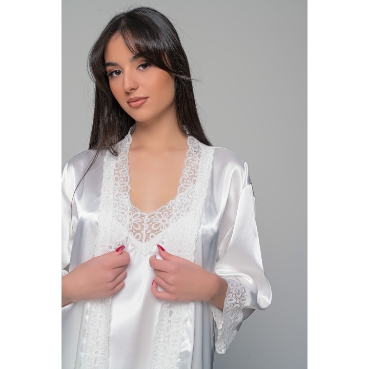 Νυφική Σατέν Ρόμπα με Δαντέλα - Ιβουάρ