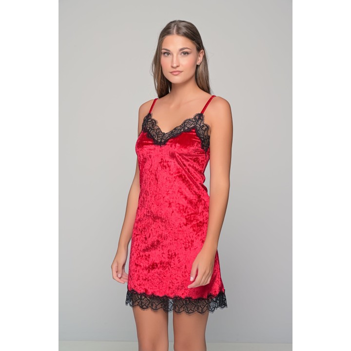Βελούδινο Νυχτικάκι με Δαντέλα - Ρουμπινί