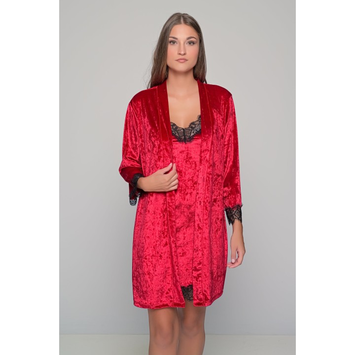 Βελούδινη Ρόμπα με Δαντέλα - Ρουμπινί