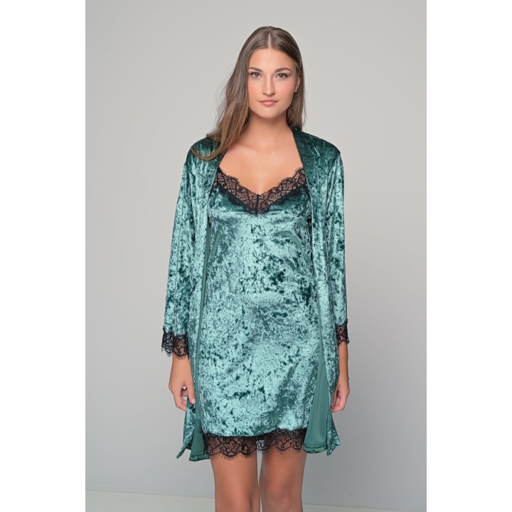 Βελούδινο Νυχτικάκι με Δαντέλα - Λαδί