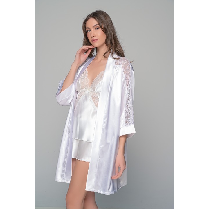 Σατέν Νυφική Ρόμπα με Δαντέλα - Λευκό