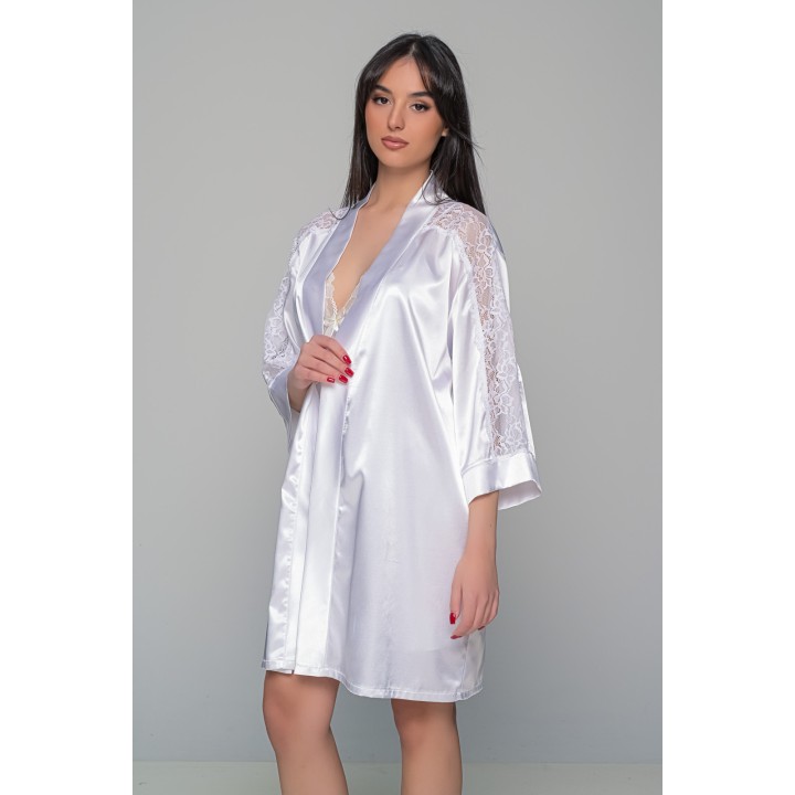 Σατέν Νυφική Ρόμπα με Δαντέλα - Λευκό