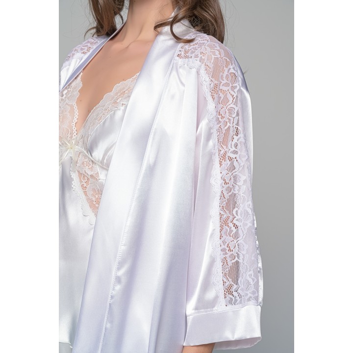Σατέν Νυφική Ρόμπα με Δαντέλα - Λευκό