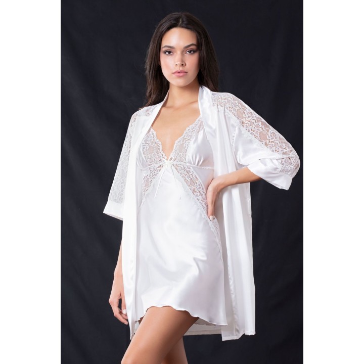 Σατέν Νυφική Ρόμπα με Δαντέλα - Λευκό