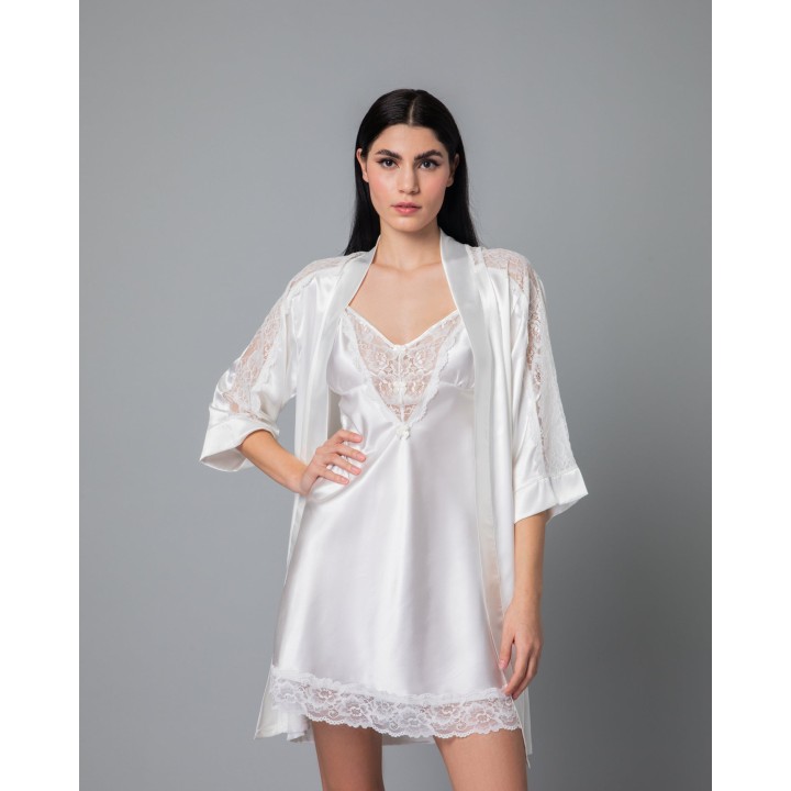 Σατέν Νυφική Ρόμπα με Δαντέλα - Λευκό
