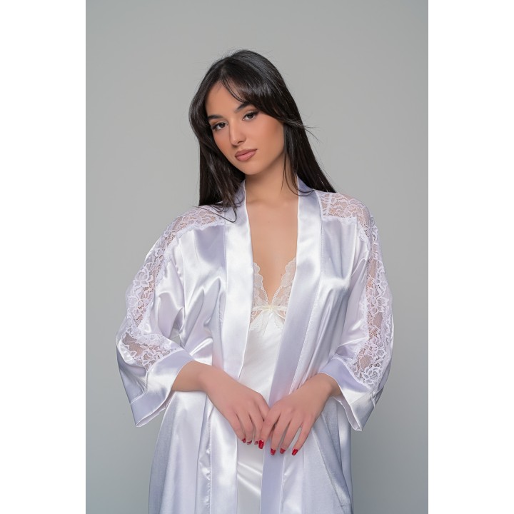 Σατέν Νυφική Ρόμπα με Δαντέλα - Λευκό