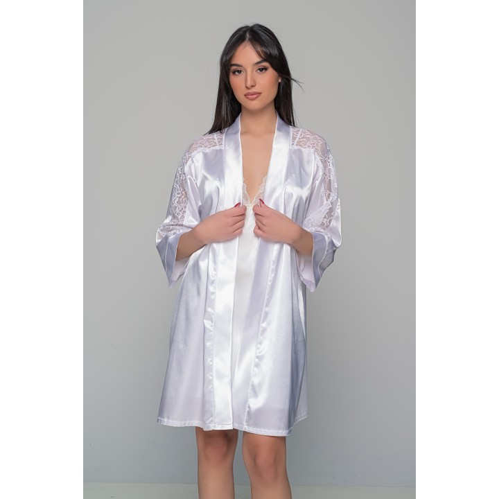 Σατέν Νυφική Ρόμπα με Δαντέλα - Λευκό