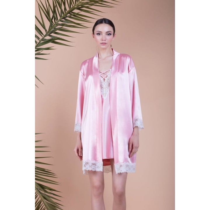 Ρόμπα Σατέν με Δαντέλα - Ροζ